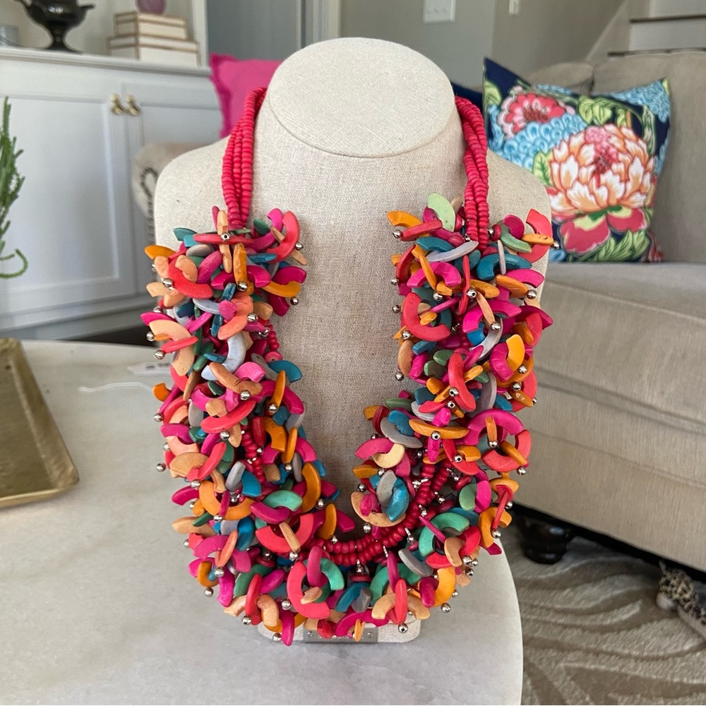 Vintage 80s Wooden Chunky Pink Multicolored Statement Necklace Funky - Picture 5 of 5